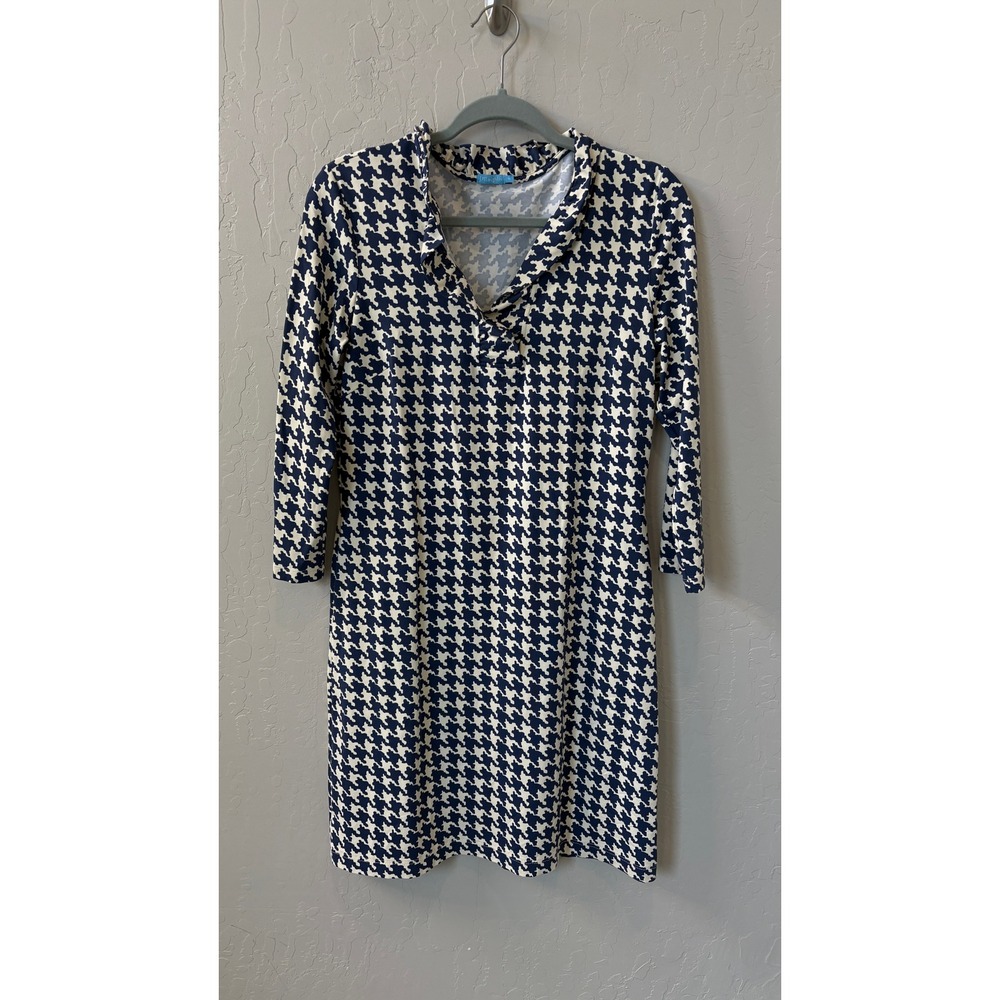 J.McLaughlin‎ Navy Blue Houndstooth 3/4 Sleeve Shift Dress Womens Medium
